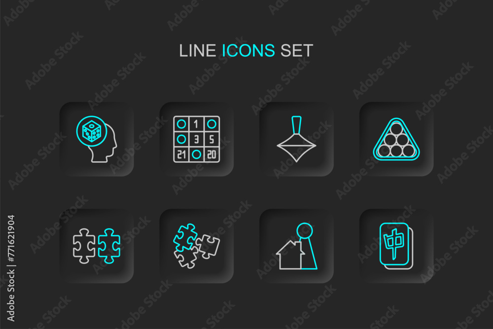 Set line Mahjong pieces, Chip for board game, Puzzle toy, Billiard balls in triangle, Whirligig, Bingo card and Game dice icon. Vector Set line Mahjong pieces, Chip for board game, Puzzle toy, Billiard balls in triangle, Whirligig, Bingo card and Game dice icon. Vector
