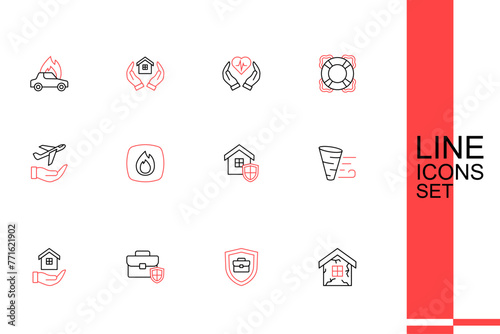 Set line House, Briefcase with shield, in hand, Tornado, Fire flame and Plane icon. Vector