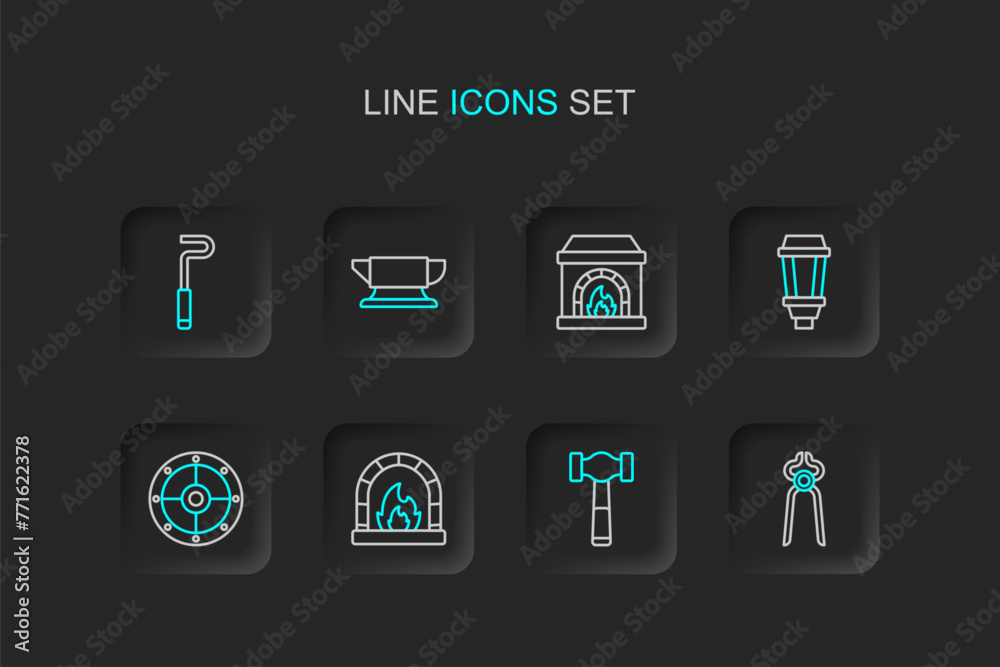 Set line Blacksmith pliers tool, Hammer, oven, Round shield, Garden light lamp, anvil and Fire poker icon. Vector Set line Blacksmith pliers tool, Hammer, oven, Round shield, Garden light lamp, anvil and Fire poker icon. Vector