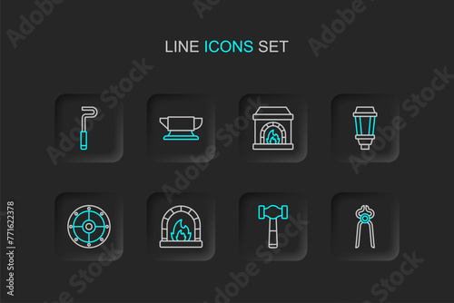 Set line Blacksmith pliers tool, Hammer, oven, Round shield, Garden light lamp, anvil and Fire poker icon. Vector