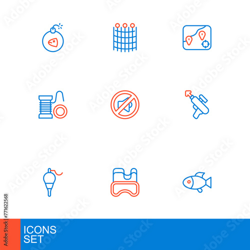 Set line Fish, Diving mask, Fishing float, harpoon, Spinning reel for fishing, Speaker mute, Location and net pattern icon. Vector