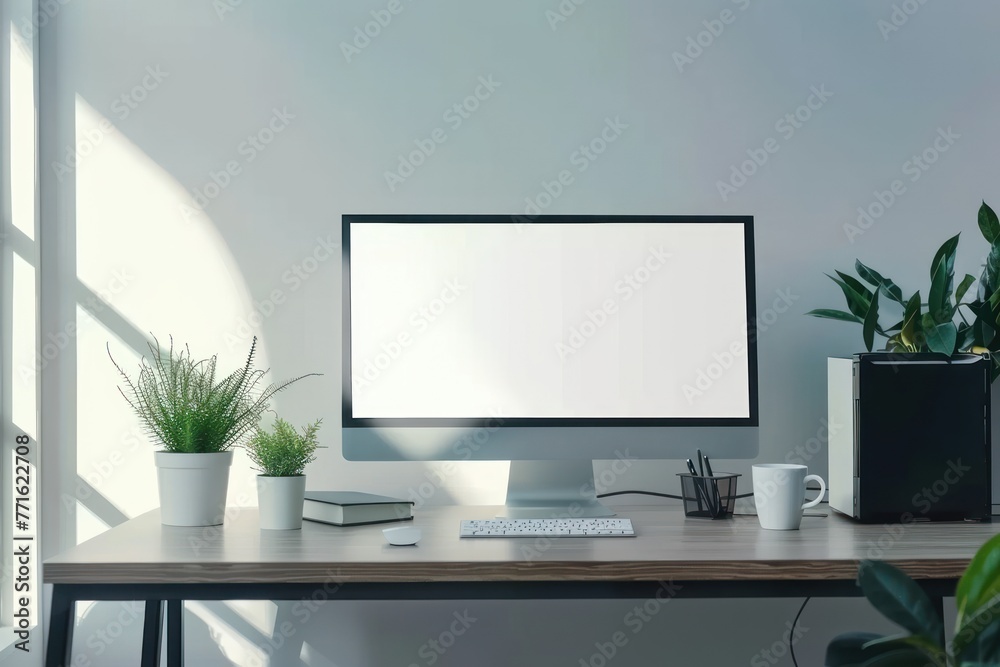 Minimalist office background computer display mockup Minimalist office background computer display mockup