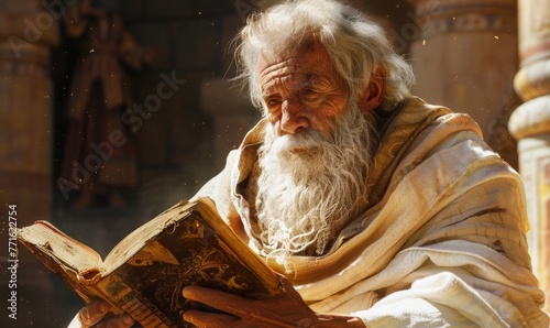 An ancient prophet studying the Holy Scriptures receiving revelation from God, Generative AI