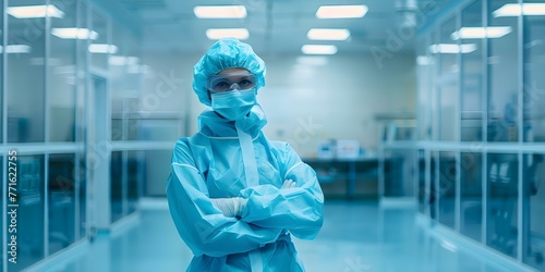 Biotech facility clean room with worker in blue protective gear. Concept Biotech Facility, Clean Room, Worker in Blue Gear, Protective Equipment