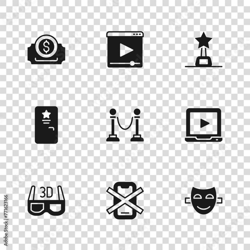 Set No cell phone, Online play video, Comedy theatrical mask, Rope barrier, Movie trophy, Cinema ticket, and Backstage icon. Vector