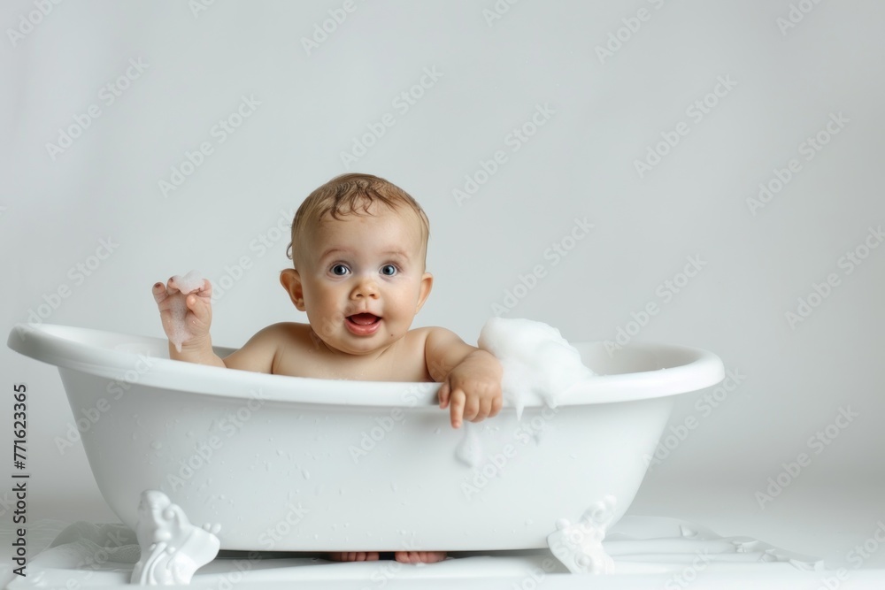 newborn baby play in the bathtub in soap white background copy space