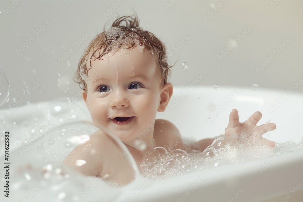 newborn baby play in the bathtub in soap white background copy space newborn baby play in the bathtub in soap white background copy space