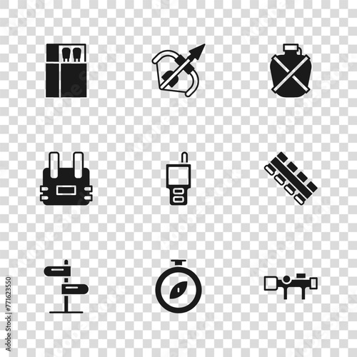Set Compass, Hunting cartridge belt, Sniper optical sight, Walkie talkie, Canteen water bottle, Open matchbox and matches, Medieval bow arrow and Bulletproof vest icon. Vector