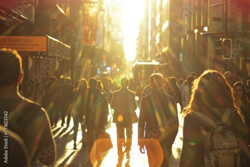 People walking on busy city street sun low