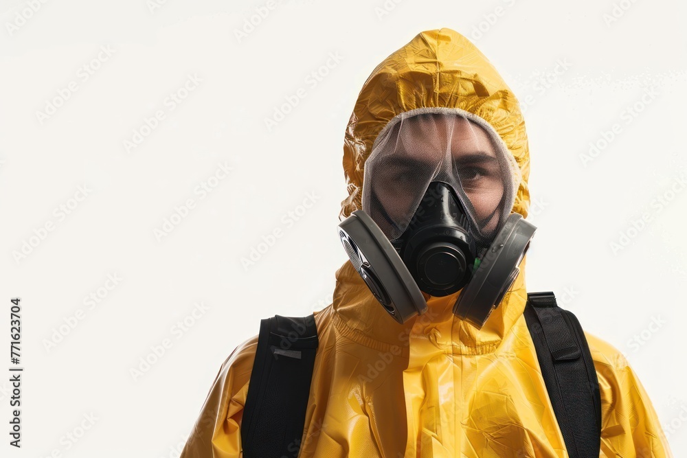 Portrait of a man in a chemical protection suit on white background Portrait of a man in a chemical protection suit on white background