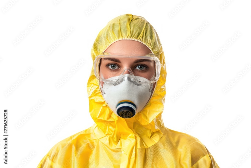 Portrait of a woman in a chemical protection suit Isolated on white background Portrait of a woman in a chemical protection suit Isolated on white background