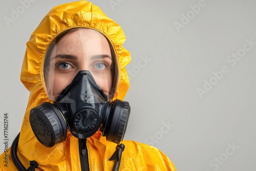Portrait of a woman in a chemical protection suit Isolated on white background photo