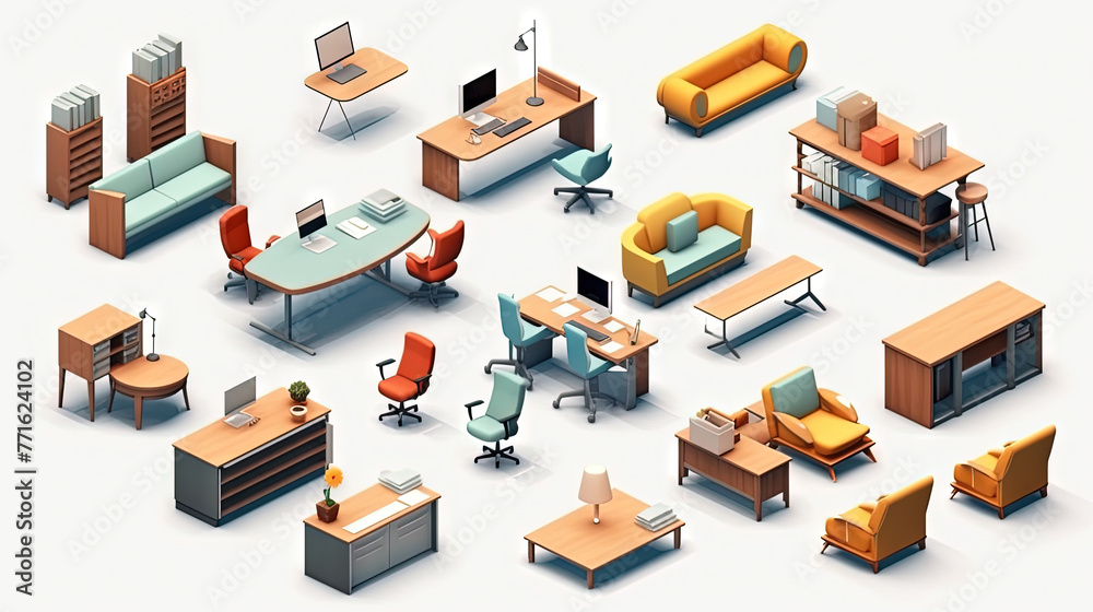 Set of isometric office furniture with desk and chair icons.