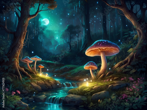 Beauty of the moonlit forest, where glowing mushrooms cast their soft radiance upon the moss-covered ground.