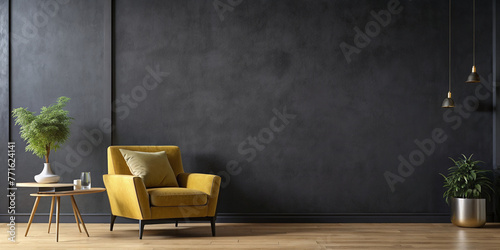 Wall mock up in dark tones with yellow armchair on black wall background. photo