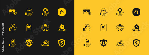Set Fire flame, Shield and eye, Education grant, Car insurance, Marriage contract, Lifebuoy hand, Briefcase with shield and Hand holding briefcase icon. Vector