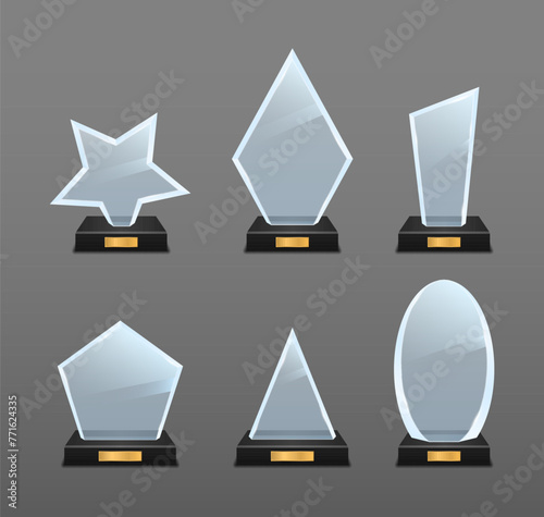 Set of glass trophy award. Realistic glass trophy award, clear diamond winner prizes. Crystal prize with blank golden plank 3D. Achievement and success. Competition winner reward. Vector illustration.