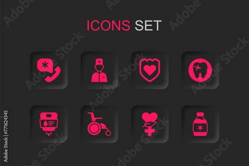 Set Wheelchair for disabled person, Male doctor, Emergency call 911, Ethnoscience, Tooth with caries, Bottle of medicine syrup, Immune system and IV bag icon. Vector