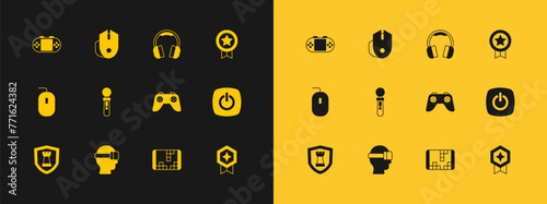 Set Game rating with medal, Virtual reality glasses, controller or joystick, Portable video game console, VR, Headphones, and Computer mouse icon. Vector photo