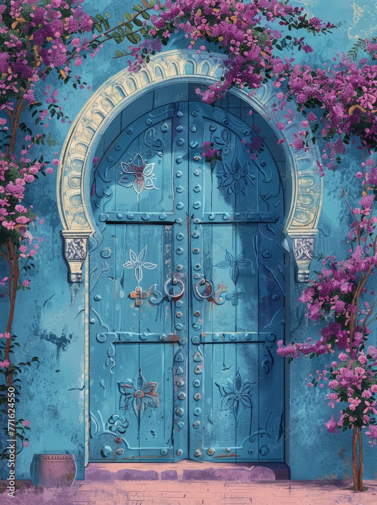 A painting featuring a blue door adorned with vibrant pink flowers, depicting a colorful and inviting scene