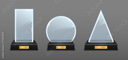 Set of glass trophy award. Realistic glass trophy award, clear diamond winner prizes. Crystal prize with blank golden plank 3D. Achievement and success. Competition winner reward. Vector illustration.