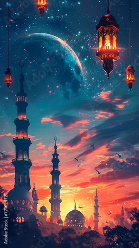 religious blue color eid background design with mosque. photo