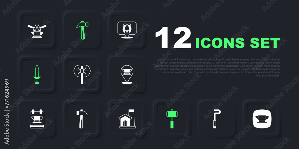 Set Fire poker, Blacksmith anvil tool, Medieval poleaxe, Sledgehammer, sword, Hammer, and Smithy workshop interior icon. Vector Set Fire poker, Blacksmith anvil tool, Medieval poleaxe, Sledgehammer, sword, Hammer, and Smithy workshop interior icon. Vector