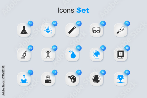 Set Earth globe, Law pillar, Trigonometric circle, Test tube, Award cup, Book with mathematics, and Pear icon. Vector