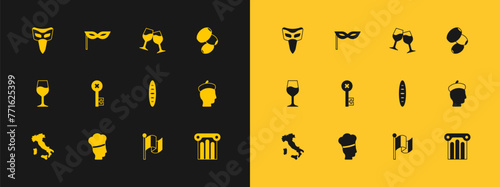 Set Olives, Italian cook, French baguette bread, Flag Italy, Old key, Wine glass, Carnival mask and icon. Vector