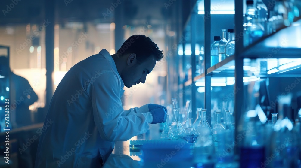 Scientist in a lab coat conducting an experiment, surrounded by glassware in a blue-tinted laboratory setting. Scientist in a lab coat conducting an experiment, surrounded by glassware in a blue-tinted laboratory setting.
