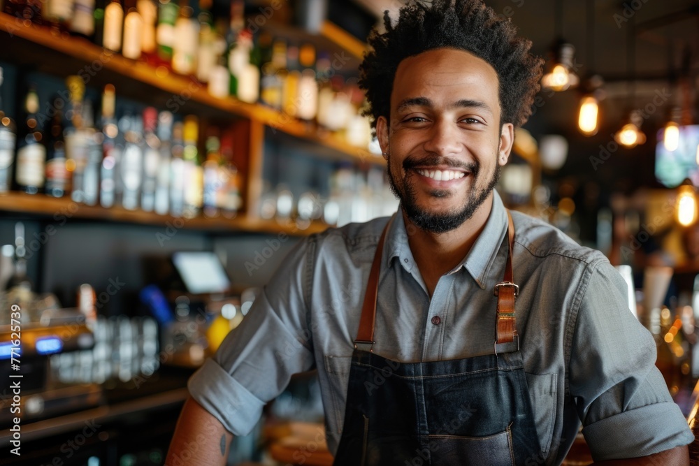 Smiling portrait of a young male bartender working in a bar - obrazy, fototapety, plakaty 