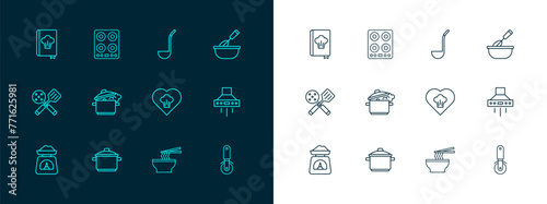 Set line Cooking whisk with bowl, pot, Chef hat, Asian noodles, Kitchen ladle, Cookbook and Gas stove icon. Vector