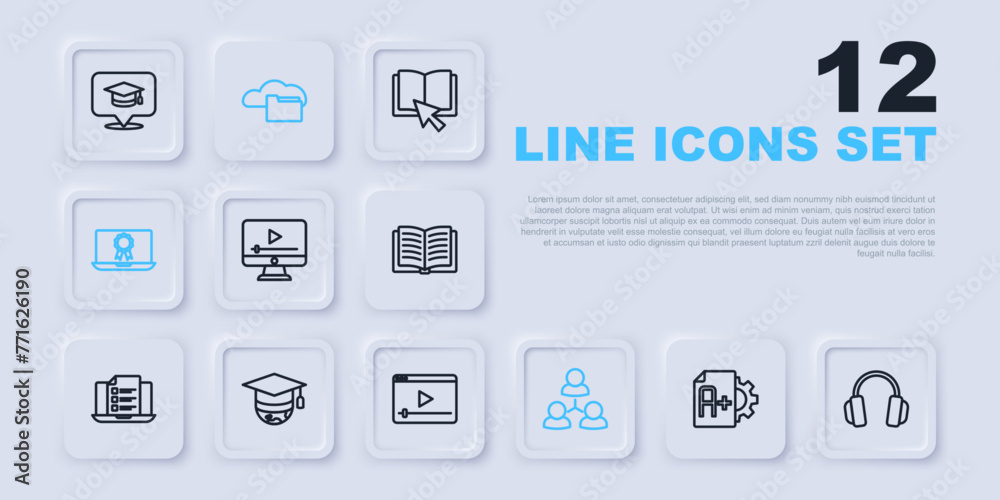 Set line Exam sheet with A plus grade, Headphones, Online play video, class, education diploma, Graduation cap globe, Cloud or online library and icon. Vector Set line Exam sheet with A plus grade, Headphones, Online play video, class, education diploma, Graduation cap globe, Cloud or online library and icon. Vector