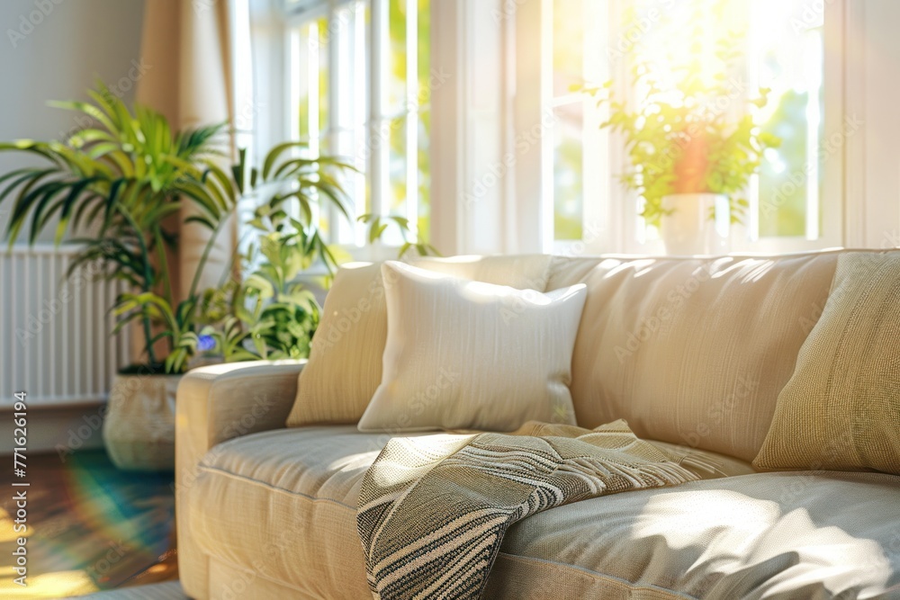 Fototapeta premium Sunny living room with focus on empty couch and blurred background