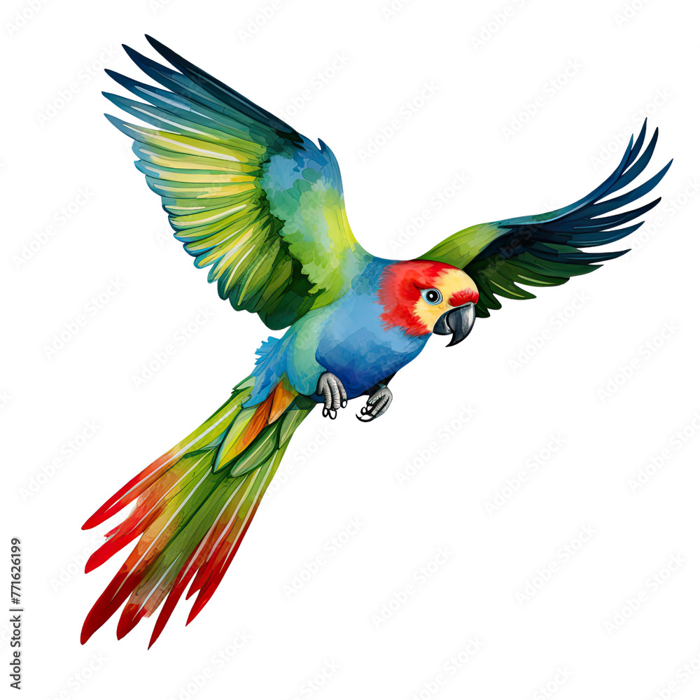 AI-generated watercolor Parrot flying clip art illustration. Isolated elements on a white background.