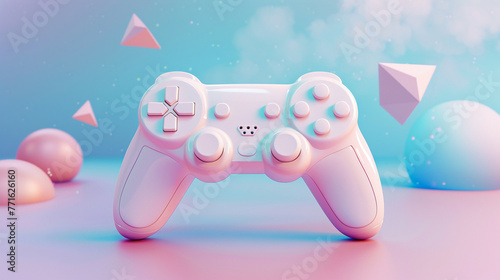 A playful 3D-rendered game controller set against a sky blue background featuring a minimalist design with floating triangles and circles