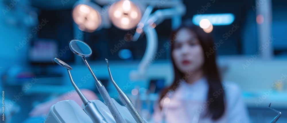 Dentist's tools in focus, patient in background, high detail, sterile light. 