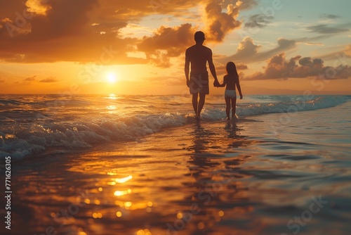 A serene scene unfolds as silhouettes of an adult and child walk along the shore during a stunning sunset