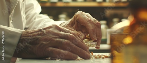 Close up on pharmacist's hands sorting medication, clear lighting, detailed texture. 