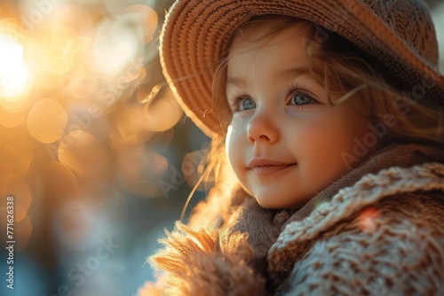 A portrait of a little girl gazing away with a warm sunlight background, wearing a hat and a cozy winter jacket photo