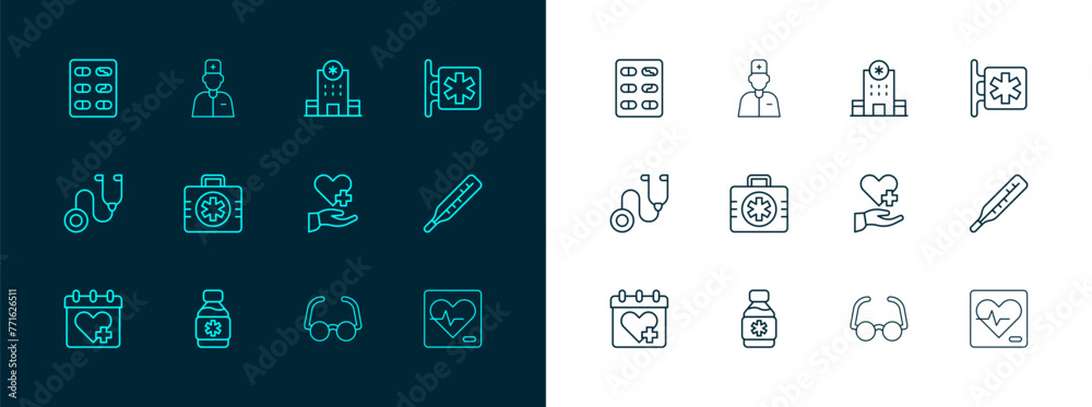 Set line Emergency - Star of Life, Bottle medicine syrup, Heart with cross, Glasses, First aid kit, Hospital building, Pills blister pack and Male doctor icon. Vector Set line Emergency - Star of Life, Bottle medicine syrup, Heart with cross, Glasses, First aid kit, Hospital building, Pills blister pack and Male doctor icon. Vector