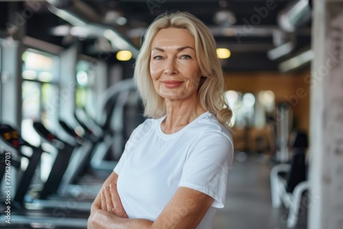 mature fitness woman in white posing in fitness gym