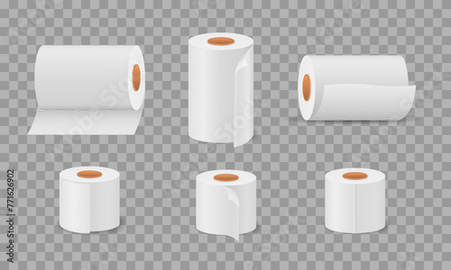 Toilet paper rolls for bathroom and restroom, white soft kitchen towels set. Cute cartoon tissue paper roll set for toilet. Hygiene household item for restrooms. Vector illustration.