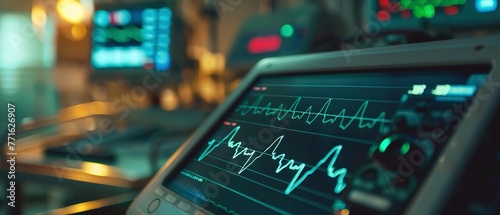 EKG machine printing heart rhythm, detailed capture, urgency in the air.  photo