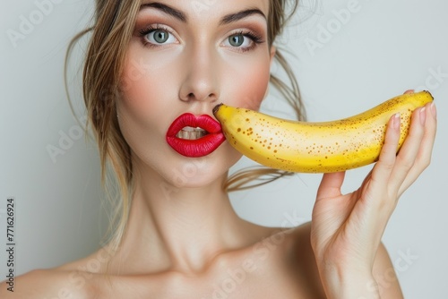 woman with red lips holding banana close to mouth Isolated on white background