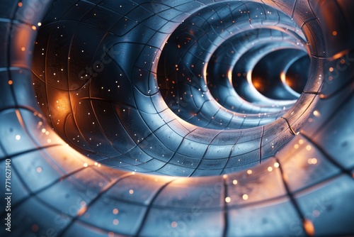 This image depicts a detailed 3D rendered futuristic tunnel with intricate design elements and blue lighting