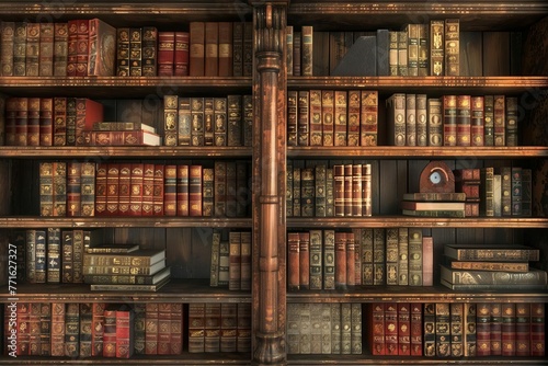 Antique library with old books on wooden shelves, nostalgic 3D rendering