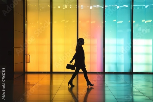 Silhouette of employee walking in office lobby