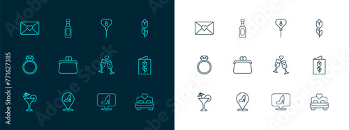 Set line Flower tulip, Woman shoe, Glass of champagne, Handbag, Balloons with 8 March, Envelope and Champagne bottle icon. Vector