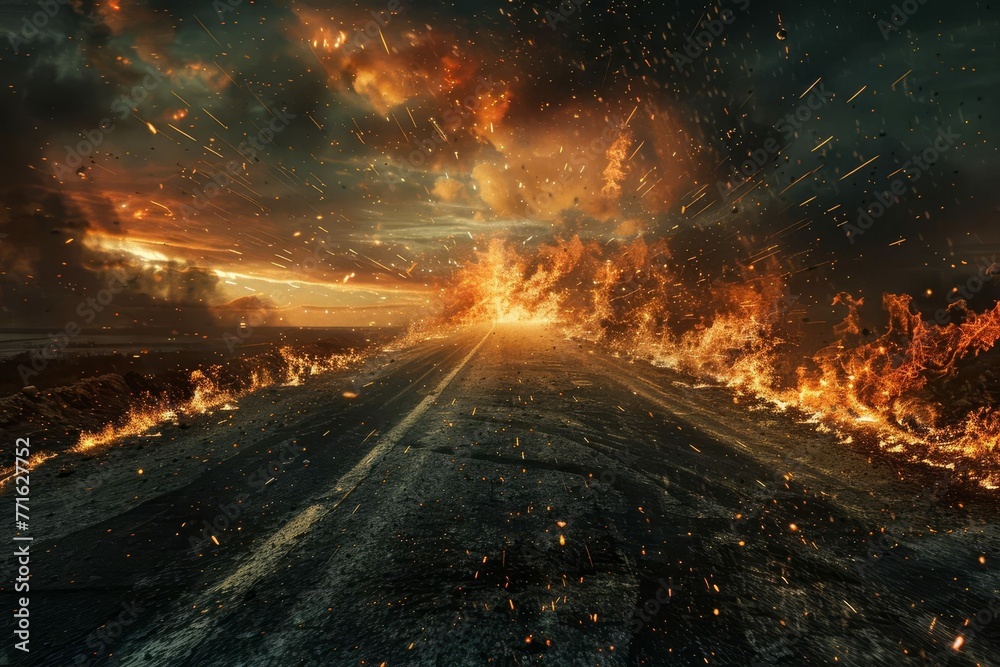 An asphalt road ablaze with fiery flames and sparks in a desolate wasteland, digital art - obrazy, fototapety, plakaty 